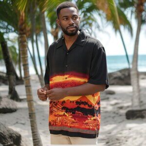 VINTAGE 7 DIAMOND ( 2X ) Satiny Black/Orange Button Up Short Sleeve Top